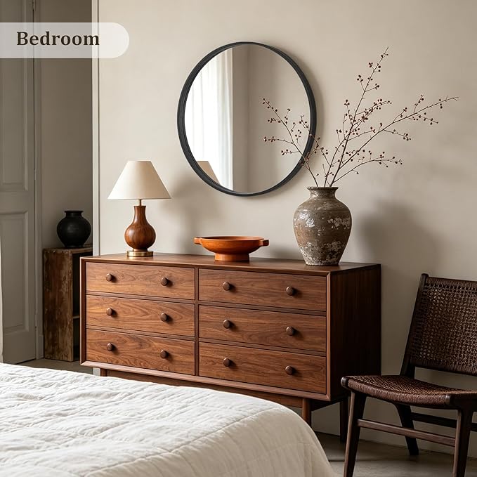 HOMECOOKIN Round Wood Mirror 28 inch Circle Mirror, Rustic Farmhouse Wooden Framed Decorative Wall Decor, Vanity Wall Mirror for Bathroom, Bedroom, Entryway, Living Room (Black)