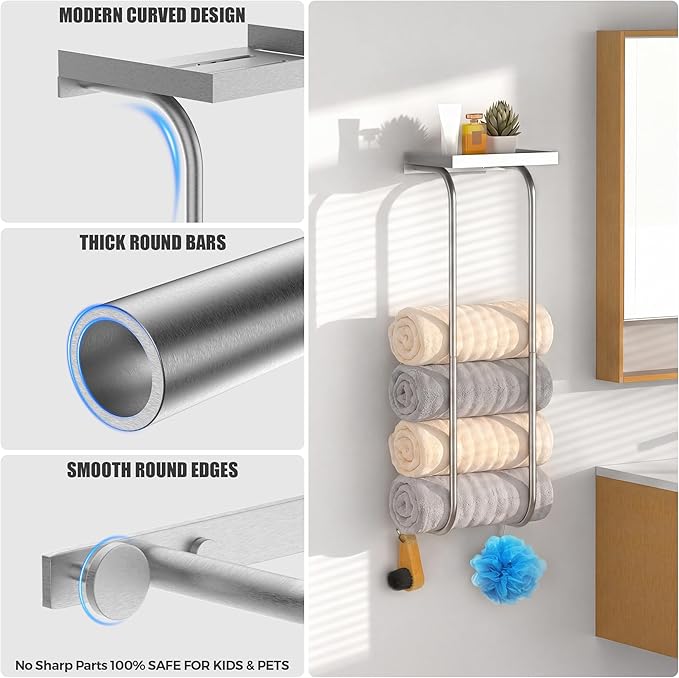 31" Towel Racks for Bathroom, Heavy-Duty Stainless Steel Holds 6 Large Rolled Towels,Wall Mounted Towel Holder with Shelf & Hooks,Extra-Wide Opening Wall Storage for Small Bathroom, Brushed Nickel