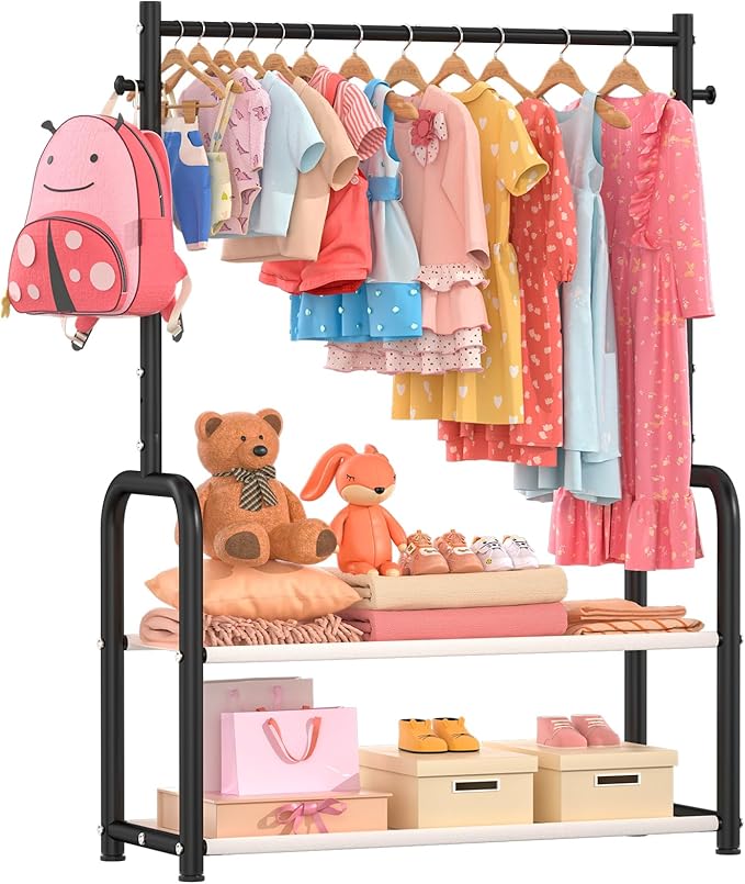 Kids Clothing Rack with 2-Layer Storage Shelf and 2 Adjustable Hanging Rods,Dress Up Rack for Hanging Clothes,Dress up Storage for Baby Toddle Kids(Classic, Black)