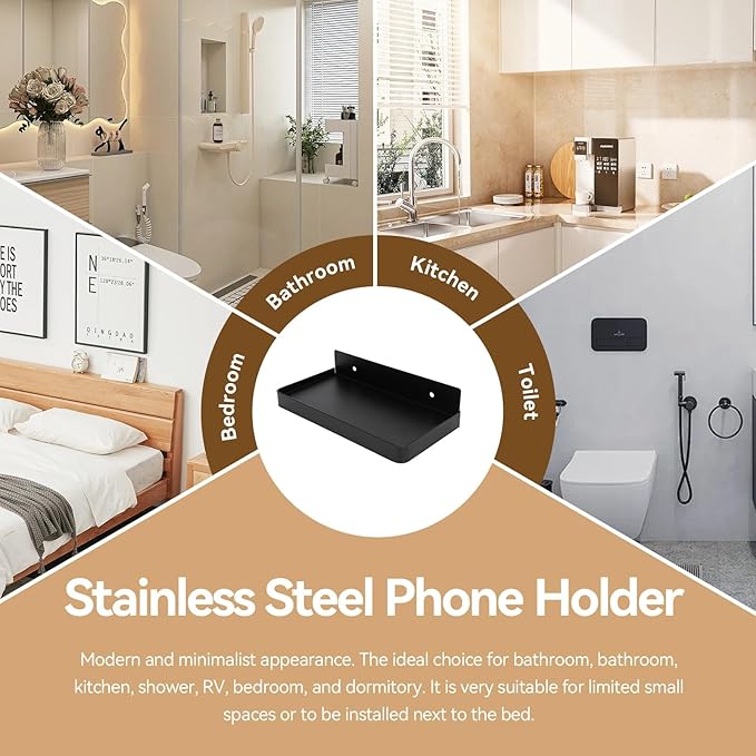 Cyrank Bathroom Cell Phone Shelf, Stainless Steel Wall Mount Toilet Phone Holder Toilet Small Floating Wall Shelves, 7.3x3.5 in (Black)