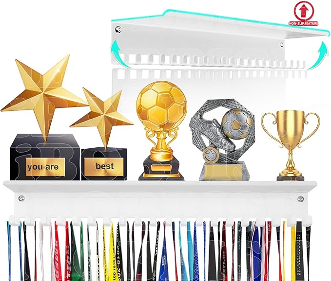 iBobbish Metal Medal Hanger Display,Non-Slip Trophy Shelf with 20 Hooks,Wall Mount,Heavy Duty,Non-Bent,Holds 22-33lbs,for Gymnastics,Race,Soccer,Swim