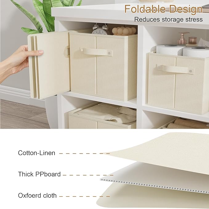 Foldable Cloth Basket with 4 Handles, Decorative Open Storage Boxes, Stackable Cube Organization, Fabric Bins for Shelves, Closet, Living Room, 10.2x7.9x6.7in, Beige, 4 Pack