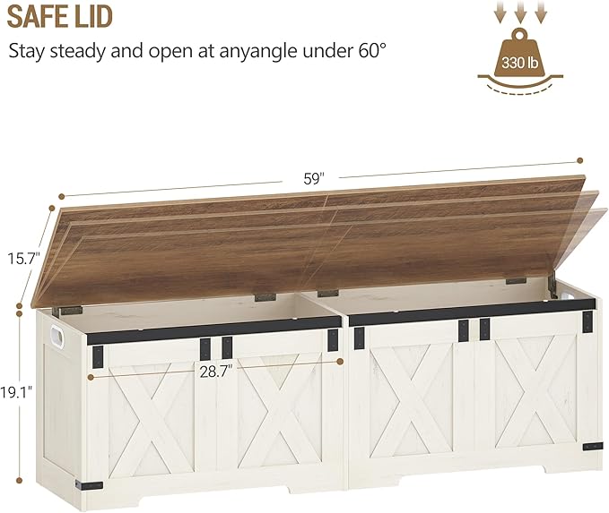Hzuaneri 59" Storage Chest, Large Storage Trunk with 2 Hinges, Farmhouse Wooden Box Bench, Lift-Top Organizer Chest, Entryway Trunk for Bedroom, Living Room, White and Brown SB15014X