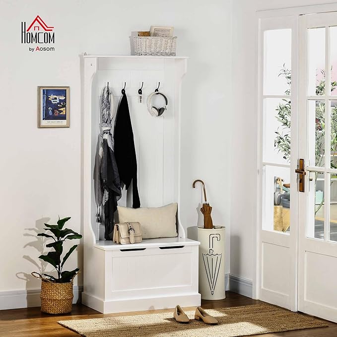 HOMCOM Hall Tree with Bench and Shoe Storage, 3-in-1 Entryway Bench with Coat Rack, 4 Hooks and Flip Top Storage Compartment, White