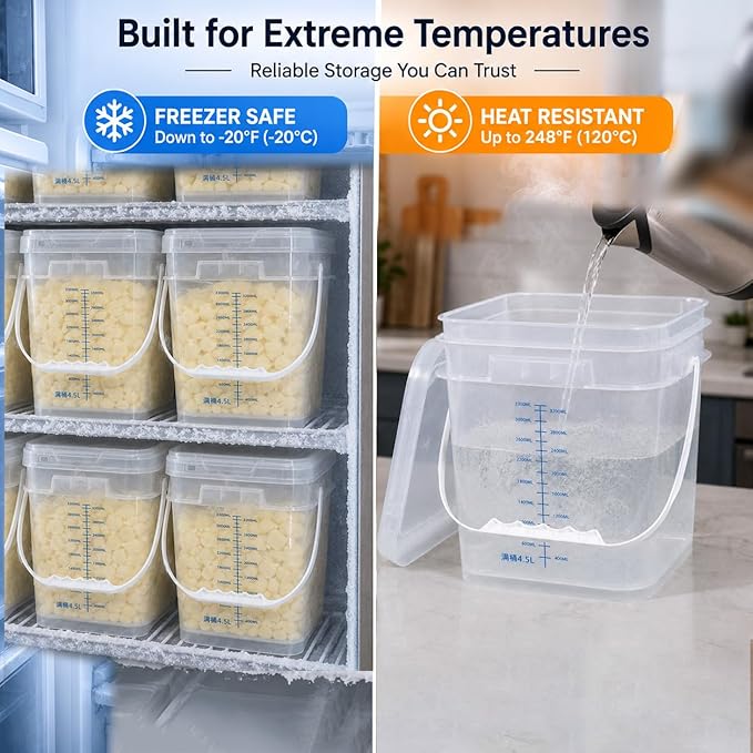 DEMORA 1Gallon Food Grade Square Plastic Bucket with Lid, Clear Airtight Storage Container, Reusable Pail for Kitchen Food Water Ice Cream Household Use 4Pcs (2 White+2 Transparent)