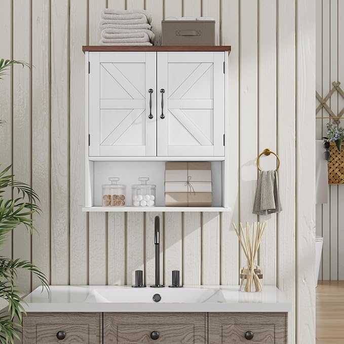 Bathroom Wall Cabinet with Barn Doors, Wall Mounted Bathroom Cabinet, Farmhouse Style, Adjustable Shelf, Wall Mounted Medicine Cabinets, White