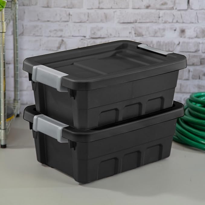 Sterilite 6-Pack Stacker Tote, Stackable Plastic Storage Bins with Lids, 4 Gallon, Black - Small Organizer Bin Containers for Bed, Garage, Office, Kitchen, and Classroom Organization