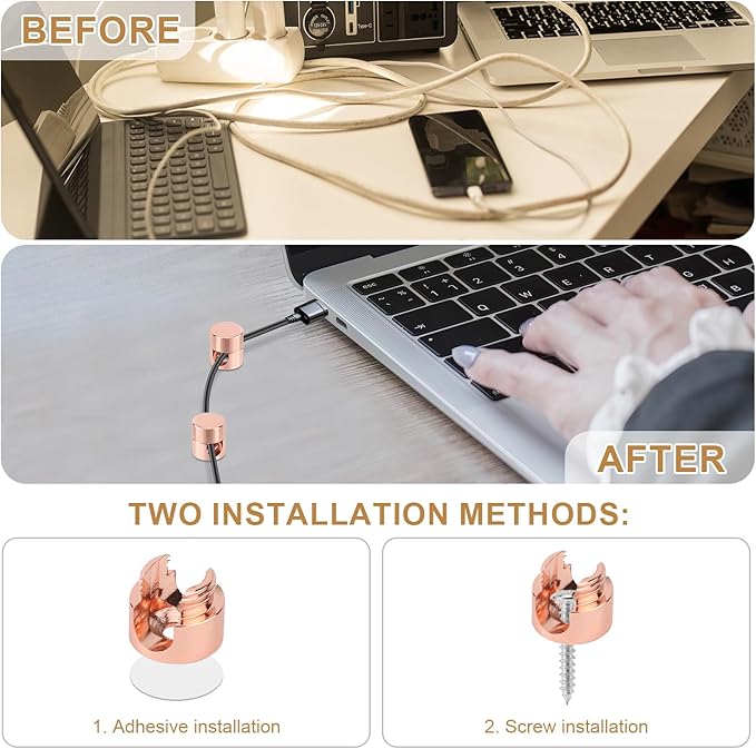 3pcs Cable Anchors for Desk, Phone Charger Cord Holders Metal Adhesive Cable Management Clips Aluminum Wire Organizer for Office Home Desktop Wall Nightstand (Rose Gold)
