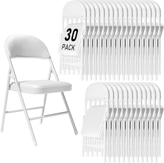 30 Pack White Folding Chairs with Padded Cushion and Back for Outside Portable Stackable Commercial Foldable Chairs with Steel Frame for Events Office Wedding Party, 350lbs Capacity