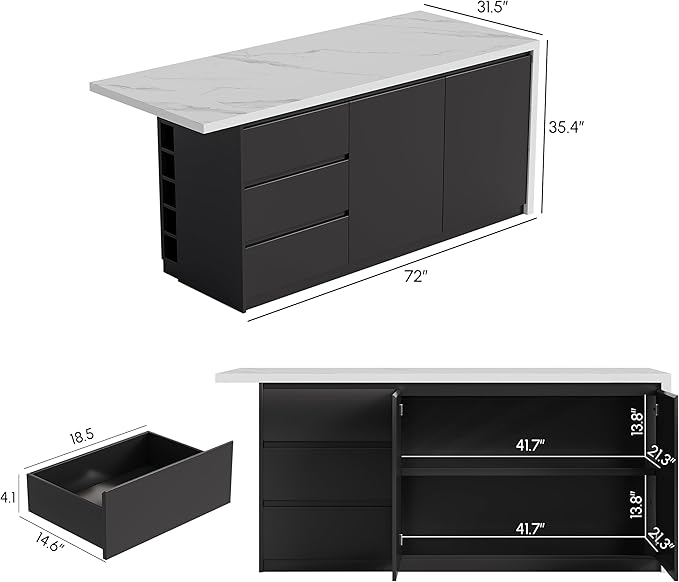 homary Kitchen Island with Storage & Wine Rack, 72" Modern Black Kitchen Cabinet with Sintered Stone Top, Large Fixed Island with 3 Drawers & 6 Adjustable Shelves, Without Bar Stools