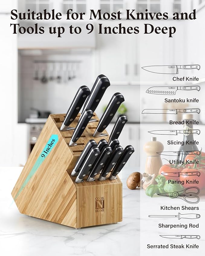 Cook N Home Basics,Bamboo Cutlery Block without Knives, Universal Knife Holder Countertop Butcher Block Knife Stand for Easy Kitchen Storage, 20-Slot