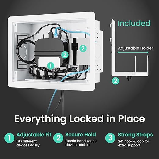 ynVISION.DESIGN 9" Recessed in-Wall Media Box for TV – Flush Wall AV Enclosure with Adjustable Shelf, Cable Straps & Vented Cover – Compatible with Apple TV, Roku & More - Pack of 3