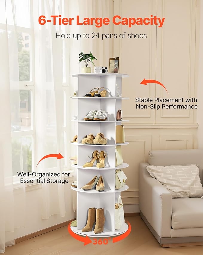 VEVOR 6 Tiers Rotating Shoe Rack Tower, 360° Spinning Shoe Rack, Revolving Storage Round Carousel Display, Freestanding Lazy Susan Organizer Display for Bedroom, Living Room, Entryway, Closet, White