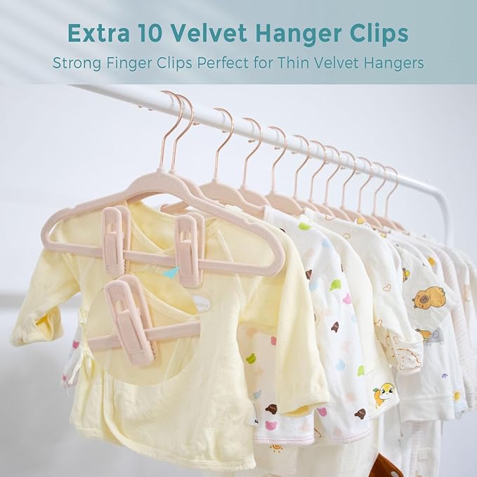 Tonswachic Baby Velvet Hangers 30 Pack - 11 Inch Non Slip Felt Kids Hanger for Newborn Clothes - Ultra Thin Space-Saving Infant Hangers for Toddler Kids' Closet with 10 Hanger Clips - Pink