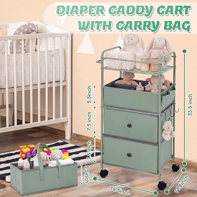FoldTier 3In1 Baby Diaper Caddy Organizer Cart 4 Tier Large Capacity Metal Utility Bedside Rolling Cart with Divider Newborn Registry Nursery Essential Must Have Bedroom Gift Baby Shower (Green)