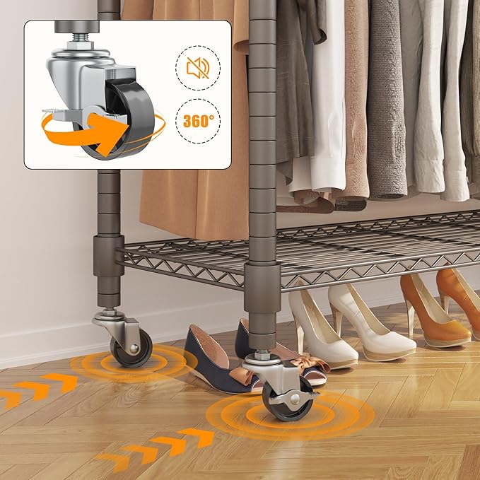 BATHWA Clothes Racks for Hanging Clothes, 35.5" W x 16.5" D x 80.7" H, Rolling Tall Heavy Duty Wardrobe Rack with Shelves & Wheels Metal Freestanding Multifuctional for Bedroom Laundry balcony, Grey