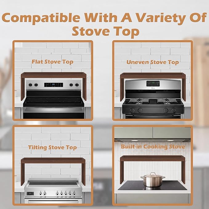 Over the Stove Shelf, Wood Stove Top Shelf, 31.5" Stove Top Organizer Shelves with 6 Hooks,11.5" Height Over Stove Spice Rack for Kitchen, Walnut