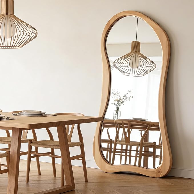 Large Irregular Mirror, 63"x30" Asymmetrical Aesthetic Mirrors with Solid Wood Frame, Organic Shape Floor Mirror for Living Room Entryway Hallway Bedroom Cloakroom, Leaning/Hanging