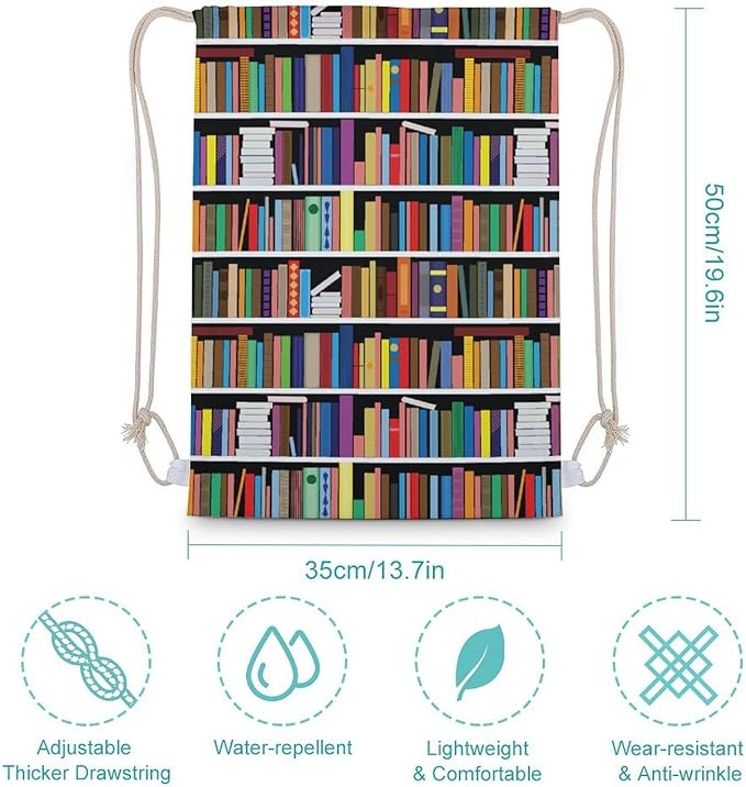 Vintage Library Bookshelf Canvas Drawstring Backpack Storage Bags for Gym Traveling 35x50cm