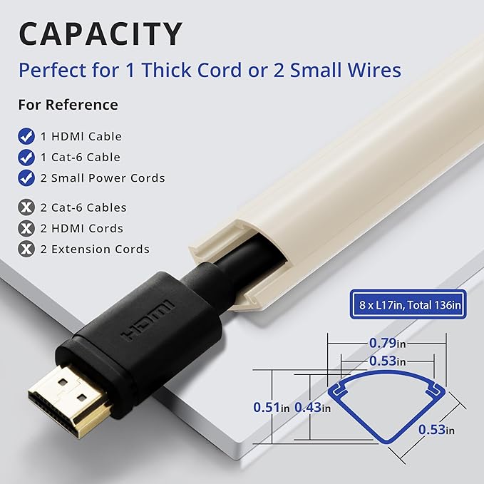136in Corner Cable Concealer, Corner Cord Hider for One Cord, Wire Covers for Cords, Paintable Corner Cord Cover, Cable Management Channel Cable Raceway for Wall, Floor Baseboard, Ceiling -Beige