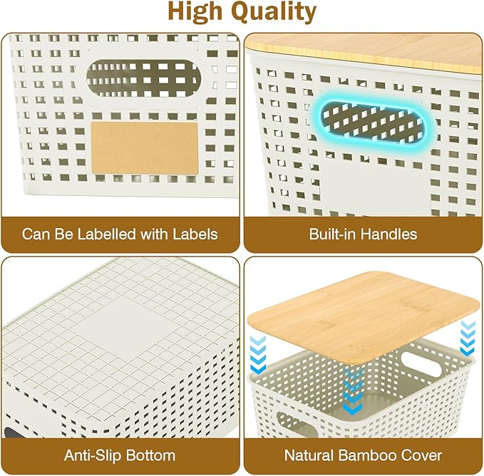 Stackable Storage Basket: Plastic Baskets Bins, Baskets for Organizing, Pantry Decorative Containers for Closets, Cabinets, Shelves(8 Pack, White)