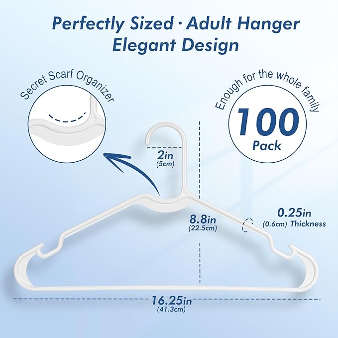 HOUSE DAY White Plastic Hangers 100 Pack, 16.25" Slim Hangers with Non-Slip Extended Notch, Perfect for Plus Size & Curvy Fits, Closet Organization Essential, Space Saving for Dorm Apartment Home
