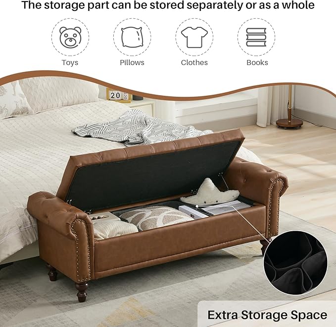 SOFTHION 58.1" Storage Bench Upholstered PU Leather End of Bedroom Bed Bench Ottoman with Tufted Cushioned Rolled Arm Large Storage Space for Reading Living Room Entryway, Brown