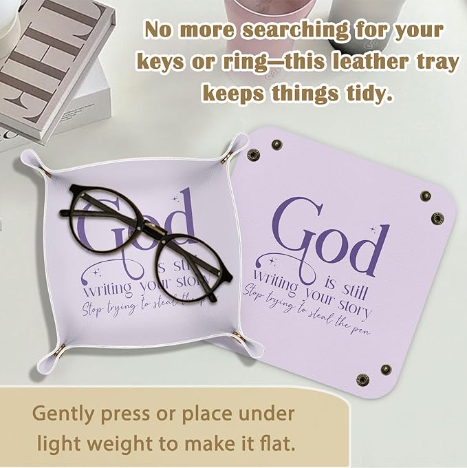 Christian Gifts Jewelry Valet Tray for Women, Purple Religious Bible Verse PU Leather Catchall Beside Caddy Nightstand Organizer Tray for Jewelry Rings Watches and Accessories, 7.87x7.87in