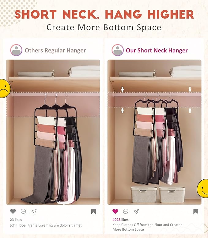 Pants Hangers Space Saving,3 Pack Velvet Short Neck Pants Hangers,5 Tier Space Saving Velvet Hanger,Closet Organizers and Storage Dorm Room Essentials for College Students Girls Guys Holds Pant,Jean