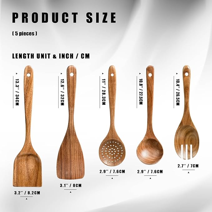 HSM Wooden Spoons for Cooking – 5-Piece Wooden Utensil Set, Non-Stick Safe, Easy-to-Clean Natural Acacia Wood Kitchen Utensils, Ideal for Cooking, Stirring, and Serving at Home
