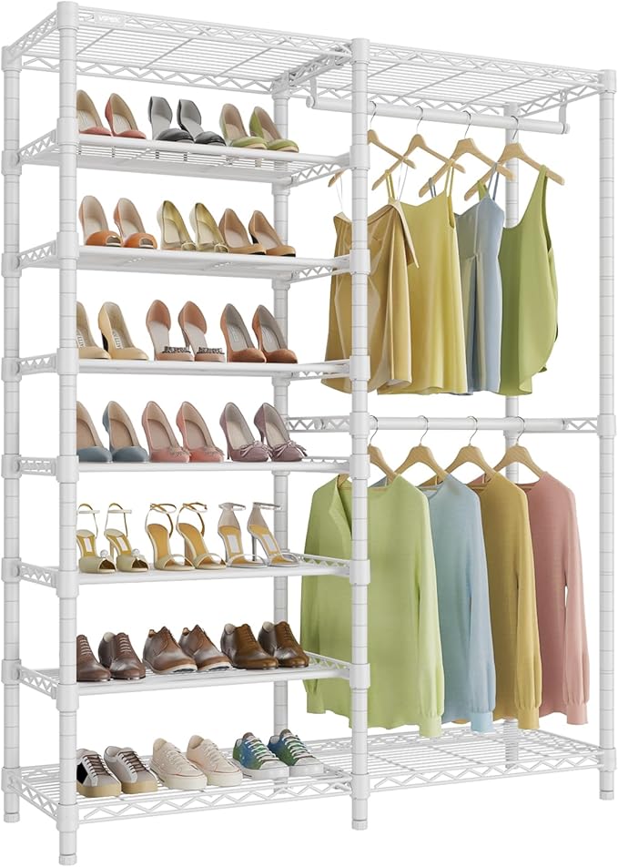VIPEK S2 Heavy Duty Clothes Rack with Shoe Shelves Freestanding Clothing Rack with 8-Tier Shoe Rack, Double Hanging Rod, Adjustable Shelf, Walk in Closet Organizer Garment Rack, White