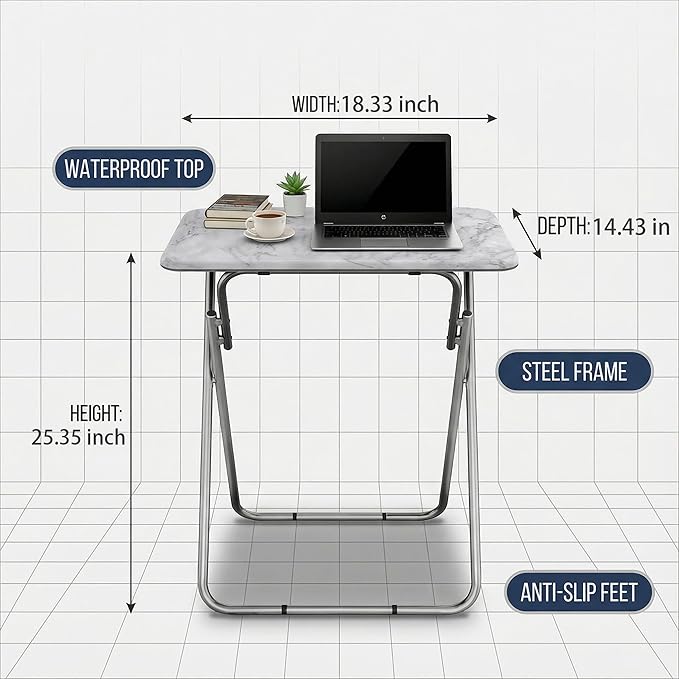 Tv Trays Folding Tv Table, Dinner Table for Eating with Sturdy Metal Frame, Small Foldable Snack Trays Table for Living Room, Couch,Sofa, Bed, No Assembly Required (White Marble)
