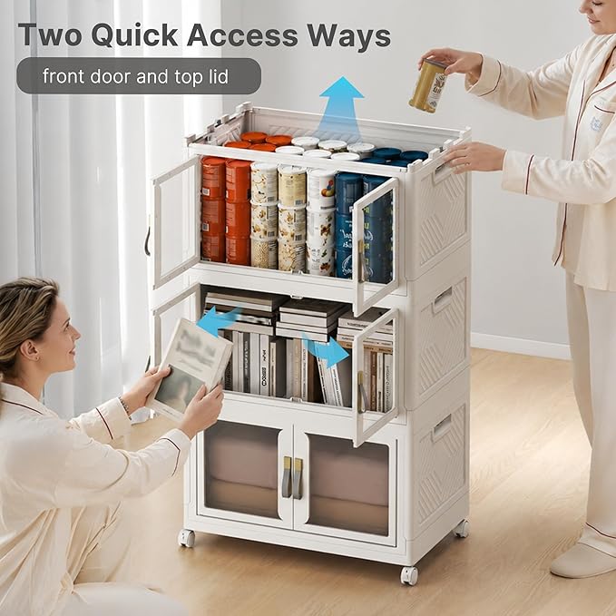 UAMFURI Stackable Storage Bins with Lids, Clear Doors, Large Storage Cabinet Foldable Collapsible Closet Organizers for Bedroom Dorm Office (2, White, 120, Quarts)