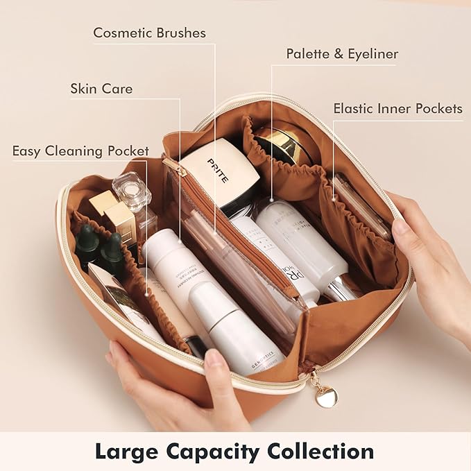 Prite Makeup Bag for Women Travel Waterproof Vegan Leather Cosmetic Bag Open Flat Toiletry Bag With Clear Divider and Handle (New Brown, Large)