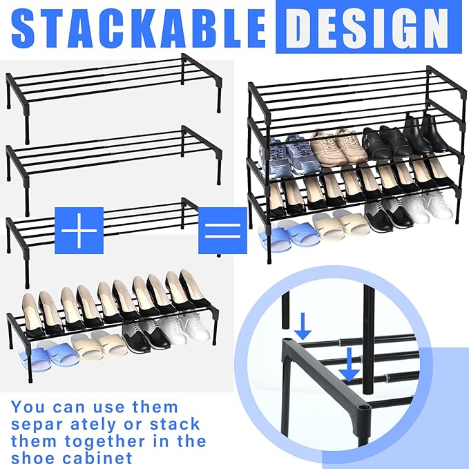 Teenyyou 4 Pcs Expandable Shoe Rack 17 ''-30 '' Adjustable Shoe Shelf Metal 1 Tier Rack Black Stackable Organizer for Cabinet Entryway Closet Doorway Front Door Small Space Dorm Room Storage