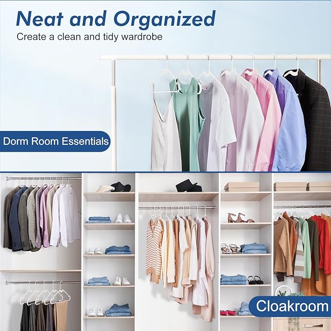 HOUSE DAY White Plastic Hangers 50 Pack, 16.25" Slim Hangers with Non-Slip Extended Notch, Perfect for Plus Size & Curvy Fits, Closet Organization Essential, Space Saving for Dorm Apartment Home