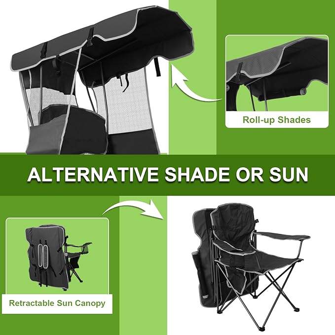 Romswi Large Folding Canopy Camping Chairs for Adult 2 Pack, Portable Outdoor Chairs with Sunshade,Cup Holder & Side Pocket for Camping, Fishing, Beach, Backyard, Black