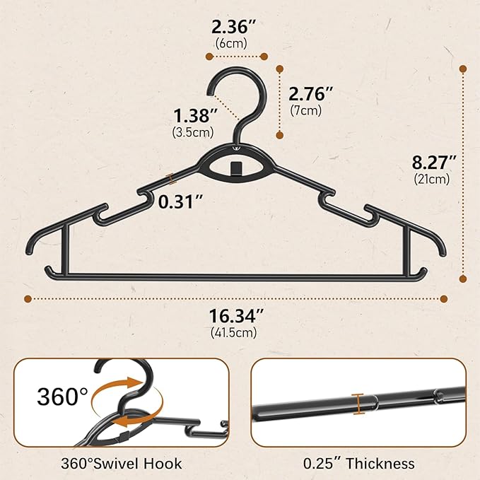 Heavy Duty Plastic Hangers 50 Pack, Stackable Space Saving, with 360° Swivel Hook, Non Slip Shoulder Grooves, for Suits, Shirts, Coats, Durable & Strong Closet Organizers, Black