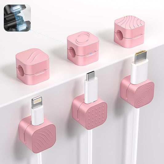 6Pack Cable Organizer Clips, Magnetic Cable Holder (1s Lock), XOVRAETH Strong Adhesive Wire Management for Desk, Nightstand, Living Room, Kitchen, Office, Car(PinkC)