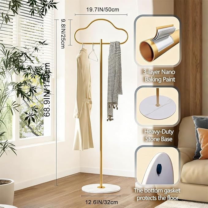 Coat Rack Freestanding Clothes Rack with Hooks & Marble Base, Heavy Duty Coat Hanger Stable Coat Stand for Entryway Bedroom, Hanging Garment Rack Hall Tree for Clothing Tie Hat Bag Purse (White Cloud)