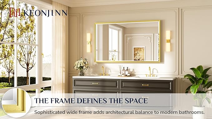 Keonjinn 60" x 36" Gold Bathroom Mirrors for Over Sink, Aluminum Alloy Framed Mirror, HD Tempered Glass with Beveled Edge, Shatterproof, Rustproof, Large Rectangle Brushed Gold Vanity Mirror for Wall