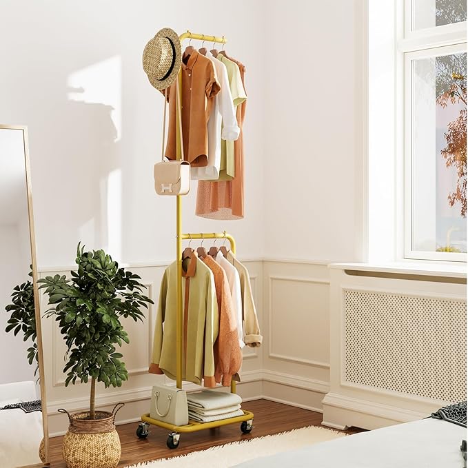 Small Clothes Rack with Wheels, 71" Portable Rolling Clothing Rack with Bottom Metal Shelf, Garment Rack with Hanging Rod, Sturdy Freestanding Coat Rack for Bedroom, Entryway, Gold