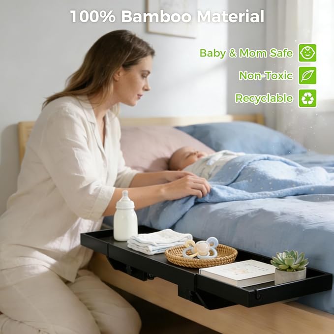 MinBoo Expandable Nightstand Shelf Bamboo College Caddy for Top Bunk Clip Bedside Shelf Floating Bed Side Table Tray Storage Dorm Room Decor College,Black