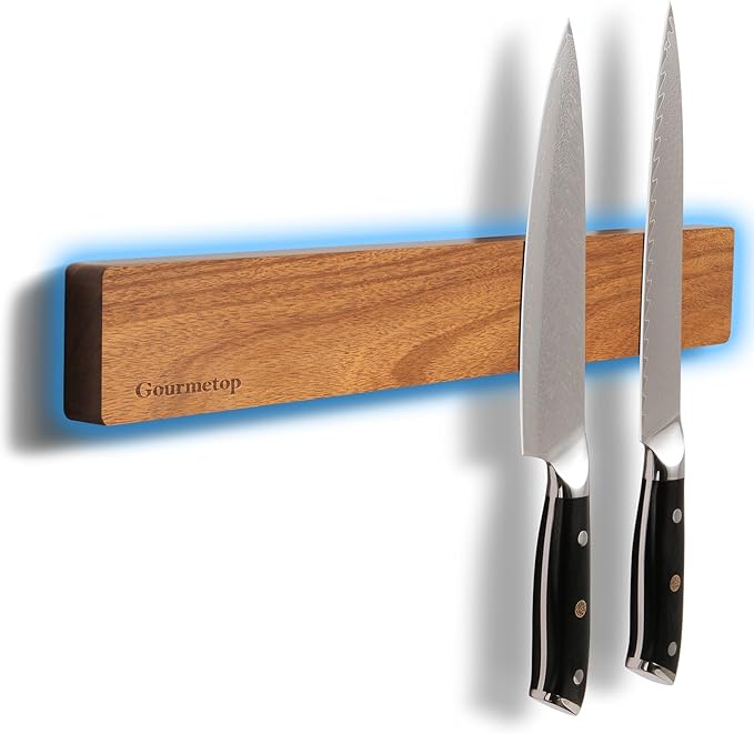 Magnetic Knife Holder for Wall, Acacia Wood Magnetic Knife Strip 16”, Strong N50 Knife Magnet Rack, No Drill 3M Adhesive or Screw Mount, Wooden Kitchen Knife Holder Organizer for Wall, Fridge, Kitchen