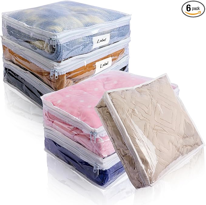 Clear Zippered Storage Bags Plastic Sweater Storage Bags with Zipper 6 Packs Clothing Organizer for Blankets Linen Sweater Bed Sheet Quilt Clothes Pillow (10.5 x 10.5 x 2.5 Inch, White)