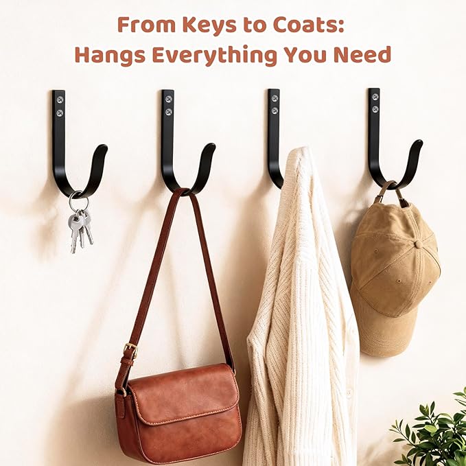 20 PCS Wall Hooks Heavy Duty - Large 22LB Metal Coat Hooks Wall Mount - Towel Hooks for Bathroom Door Closet Mudroom - Rustproof - Black