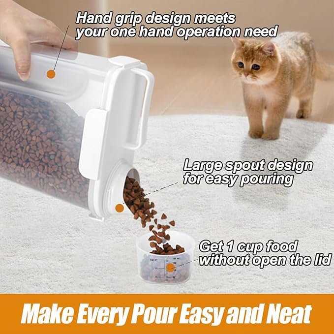 Dog Cat Food Storage Container, Pet Food Container Airtight with Large Spout & Cup, BPA-Free Plastic Food Dispenser for Pet Food, Bird Seed, Rice, Flour - White 5-7 Lbs (1 pack)