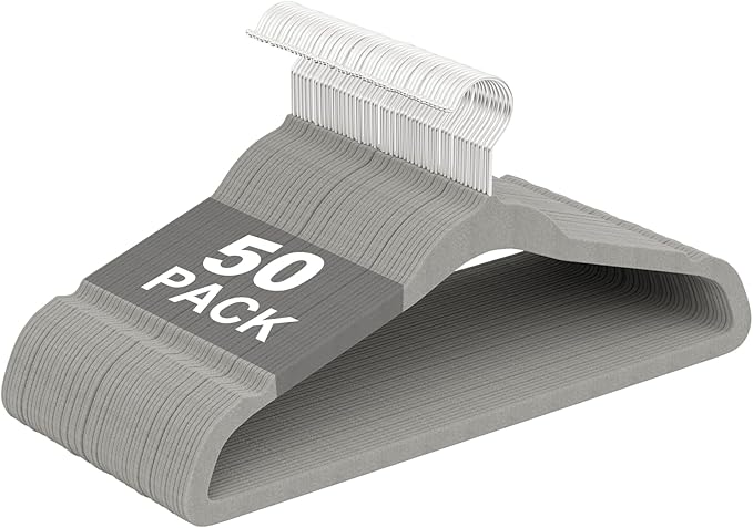 Velvet Hangers 50 Pack, Non Slip Clothes Hangers with Shoulder Notches, Slim Felt Hanger with 360° Swivel Hook, Space-Saving, for Coat, Shirt, Pants, Dress, Suits, Gray