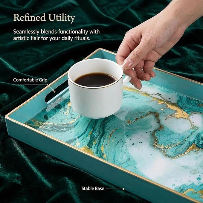 Decorative Tray, Marbling Plastic Tray with Handles, Rectangular Vanity Tray and Serving Tray for Bathroom, Kitchen, Ottoman and Coffee Table, 15.6" x 10.2" (Golden Blue)