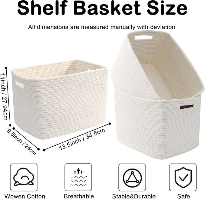 3 Pack Woven Rope Storage Baskets for Organizing,13.5"×11"×9.5" Storage Bins for Shelves,Perfect for Toys,Books,Towels,Clothes,Empty Gift Baskets for Nursery,Living Room&Bedroom(White)
